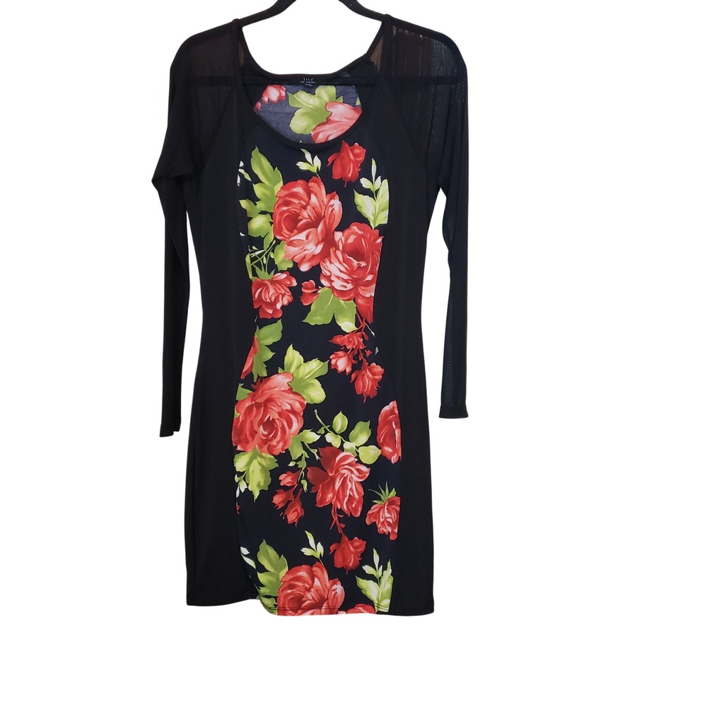 Iris Los Angeles Women Floral Bodycon Mesh Sleeve Dress XL Black Red ID1446-2757